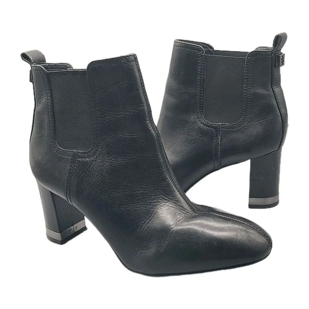 Tory Burch women ankle heel boots April Leather Black Booties Chelsea sz 8.5